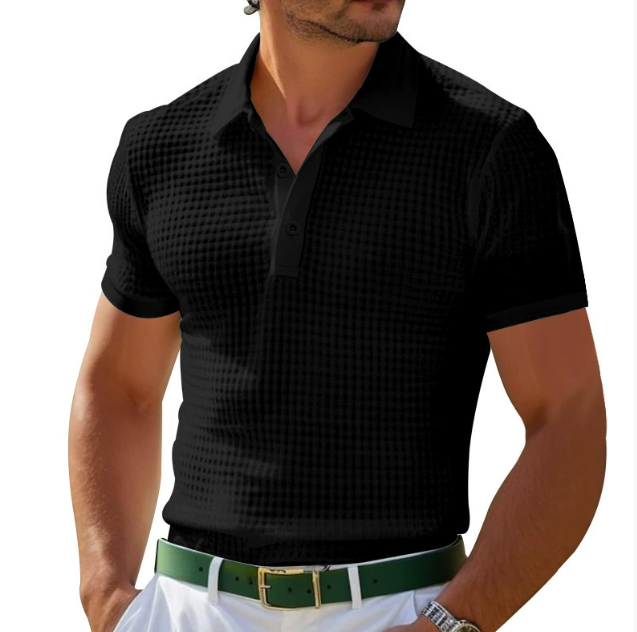 Elegant men's collared slim fit polo shirt with a unique textured collar design for spring and summer fashion.