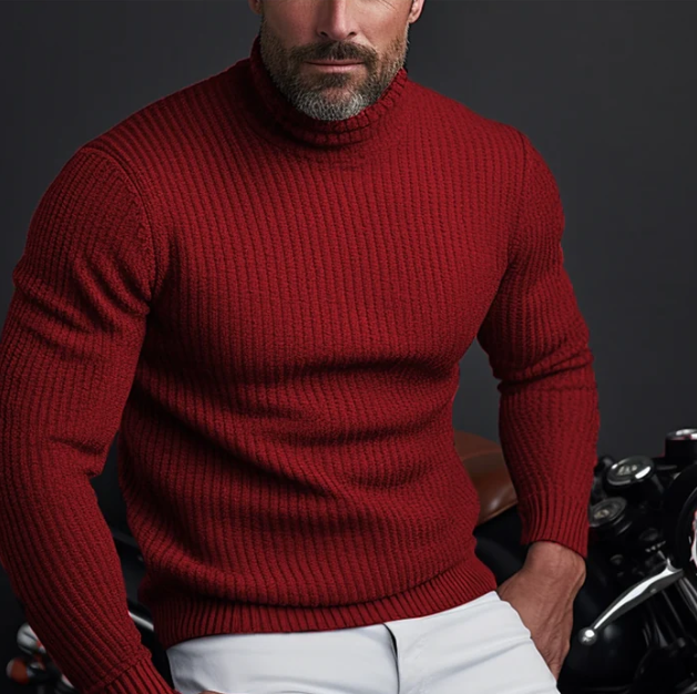 Men's slim-fit ribbed turtleneck sweater, perfect for elegant winter layering and sophisticated cold weather style.