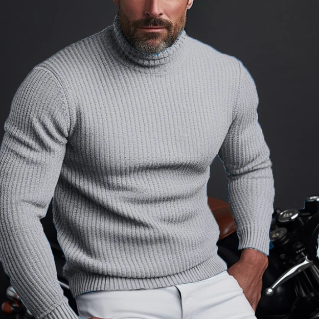 Versatile men's long-sleeve ribbed turtleneck, ideal for warm winter wear and comfortable cold weather layering.