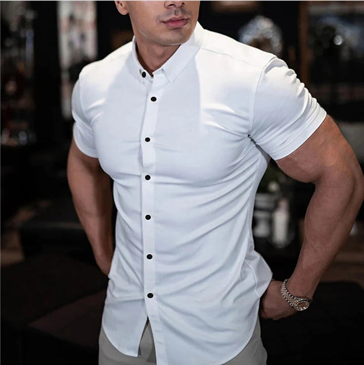 Lightweight men's short sleeve shirt with a modern slim fit, ideal for casual spring style.