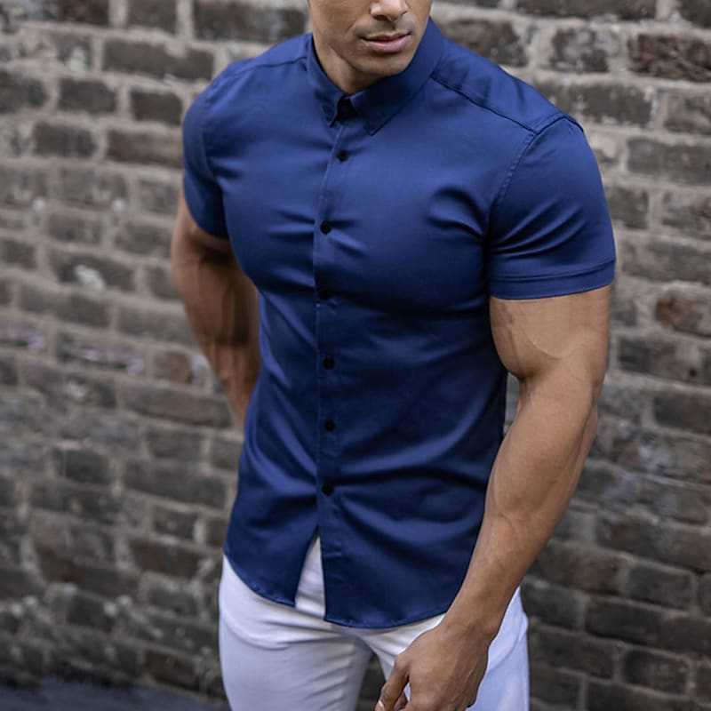 Stylish men's slim fit shirt, short sleeve, designed for modern spring & summer casual wear.