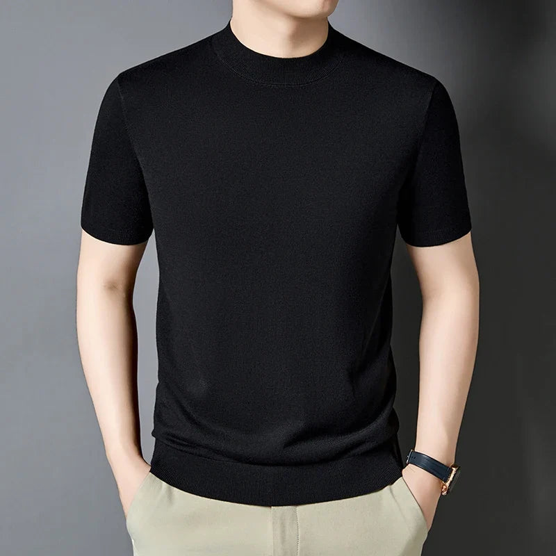 Men's slim fit short sleeve mock neck t-shirt, modern casual everyday style.