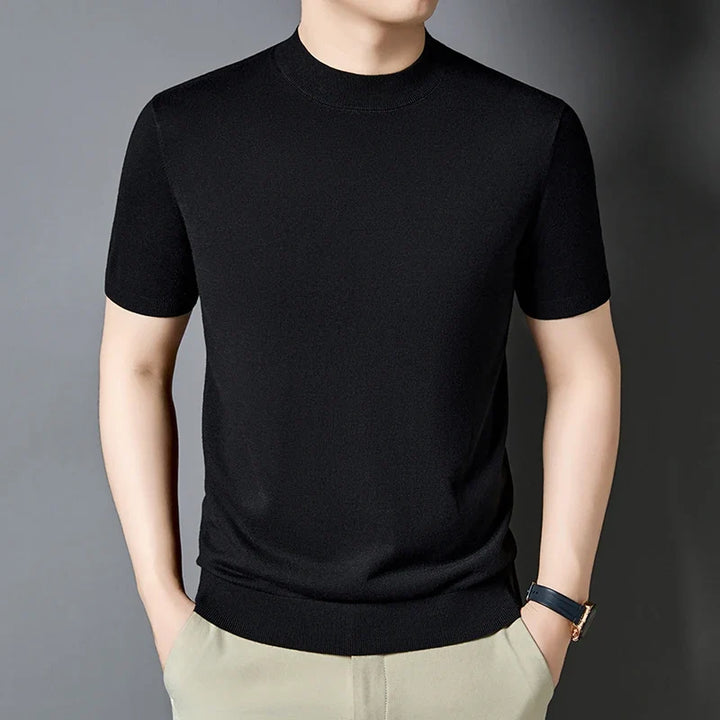 Men's slim fit short sleeve mock neck t-shirt, modern casual everyday style.