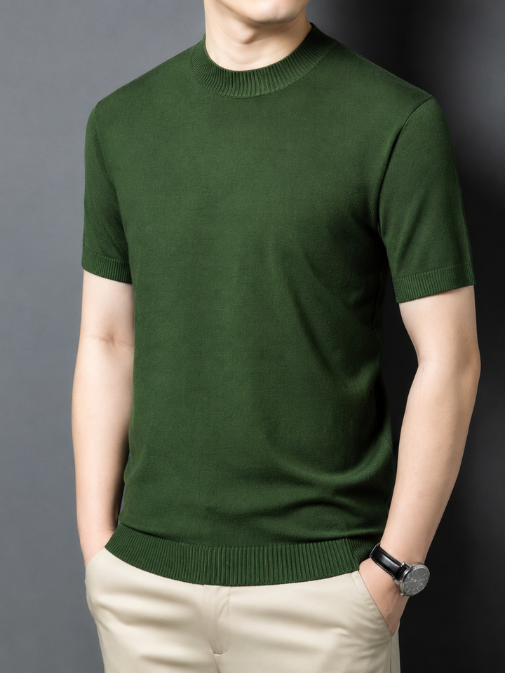 Navy men's mock neck t-shirt, short sleeve, slim fit, versatile men's fashion.