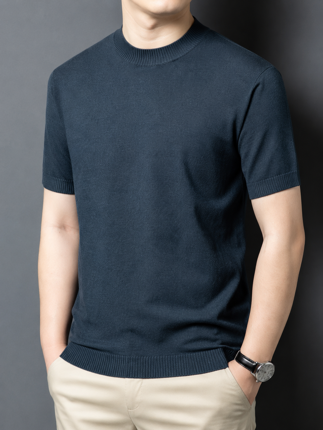 Grey men's slim fit mock neck tee, short sleeve, comfortable and stylish.