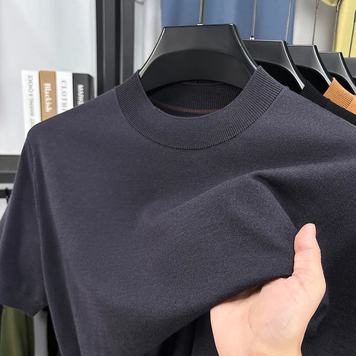 Everyday men's short sleeve mock neck t-shirt, slim fit, comfortable and trendy.