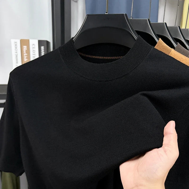 Versatile men's mock neck top, short sleeve, slim fit, perfect for layering.