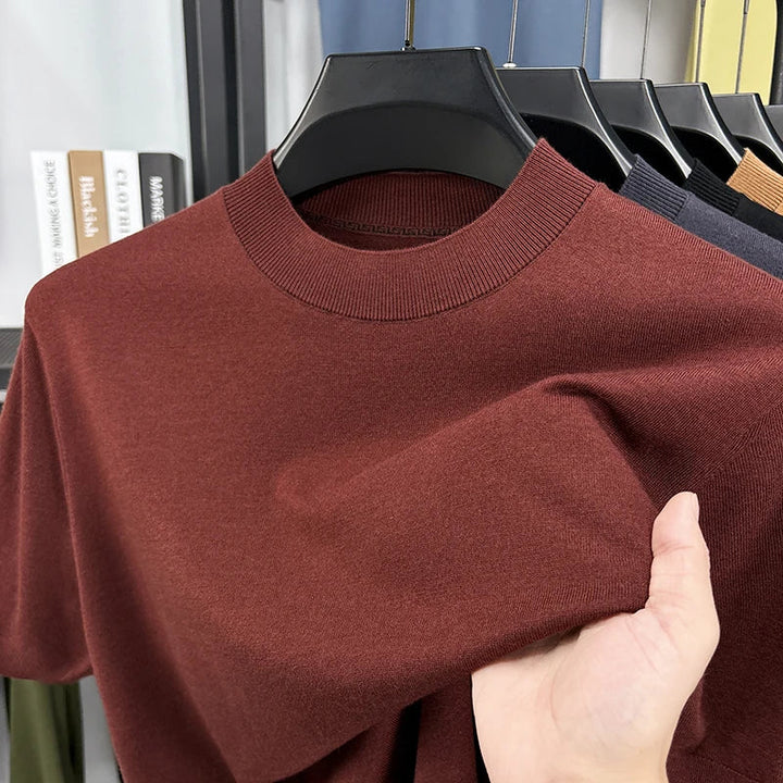 Stylish short sleeve mock neck tee for men, slim fit, comfortable and contemporary.