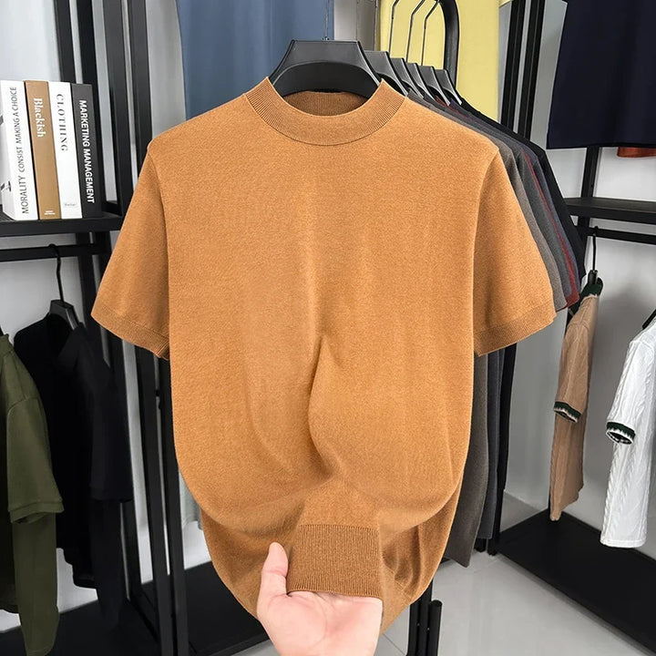 Spring fashion men's mock neck t-shirt, short sleeve, slim fit, effortless style.