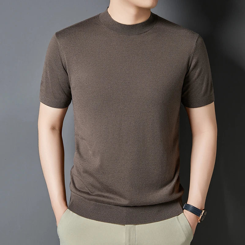 Black men's mock neck tee, short sleeve, slim fit, comfortable summer top.
