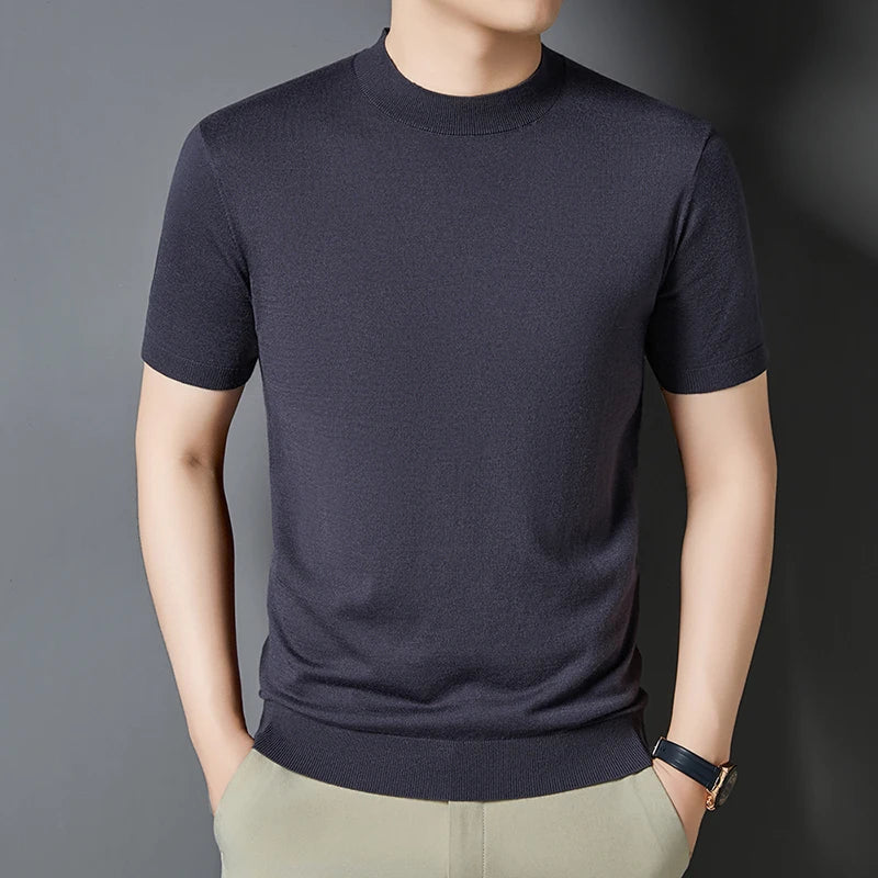 Navy blue men's short sleeve mock neck t-shirt, sleek modern slim fit.