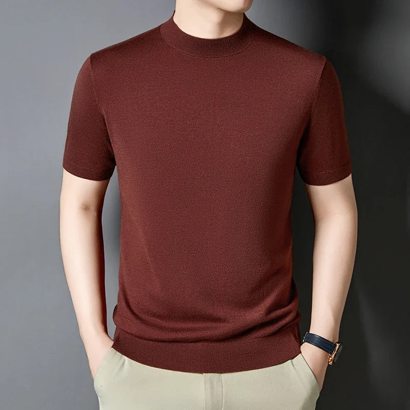 Grey men's casual short sleeve mock neck tee, versatile for everyday wear.