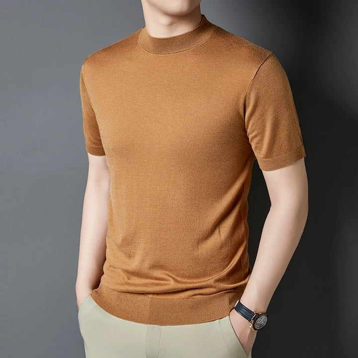 Stylish men's slim fit mock neck t-shirt, short sleeve, perfect for spring fashion.