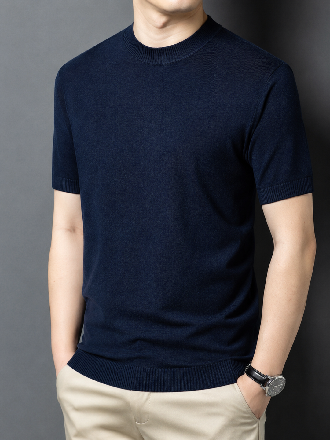Breathable men's short sleeve mock neck tee, slim fit, ideal for summer comfort.