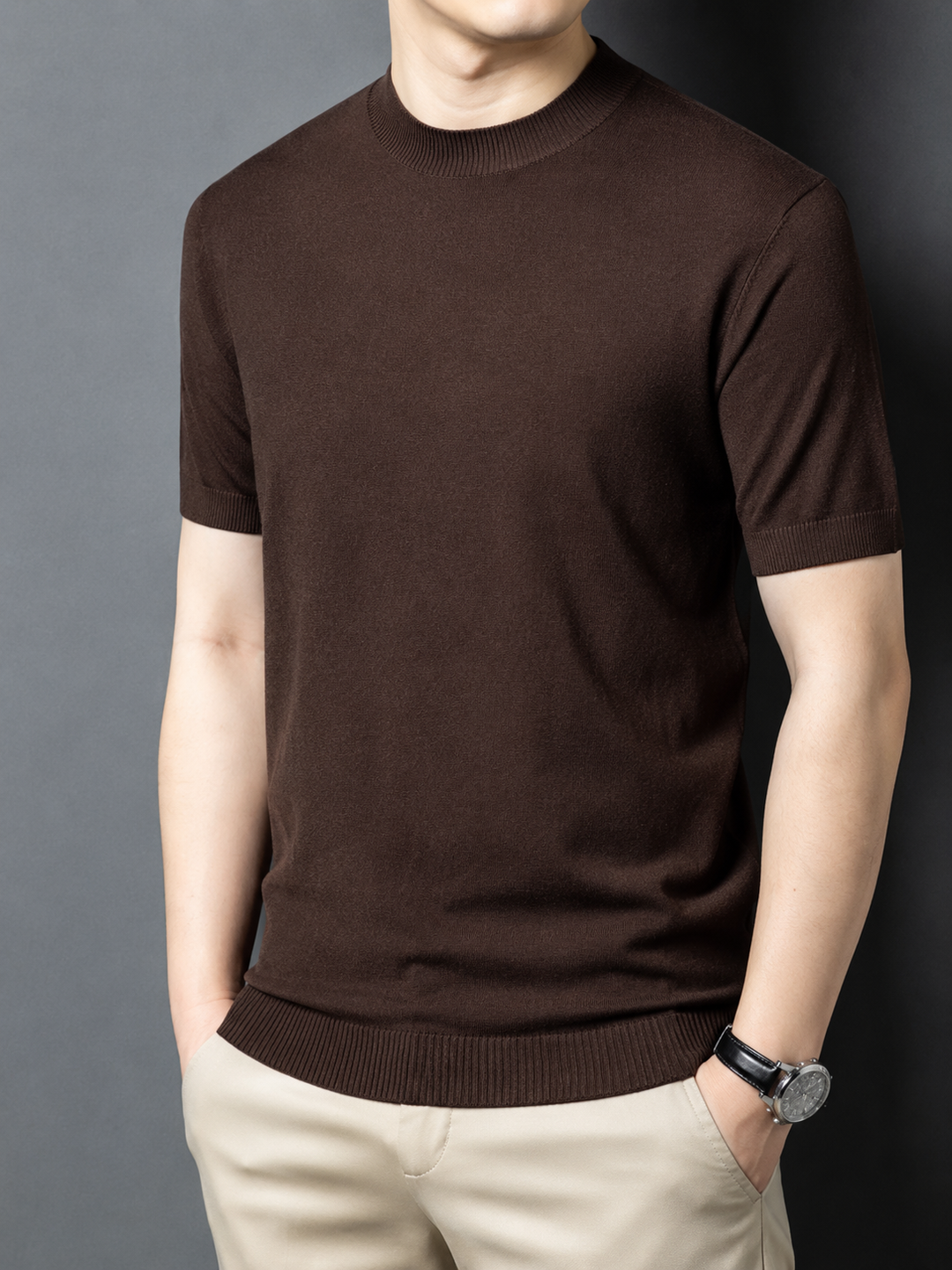 White men's slim fit short sleeve mock neck tee, an essential casual top.