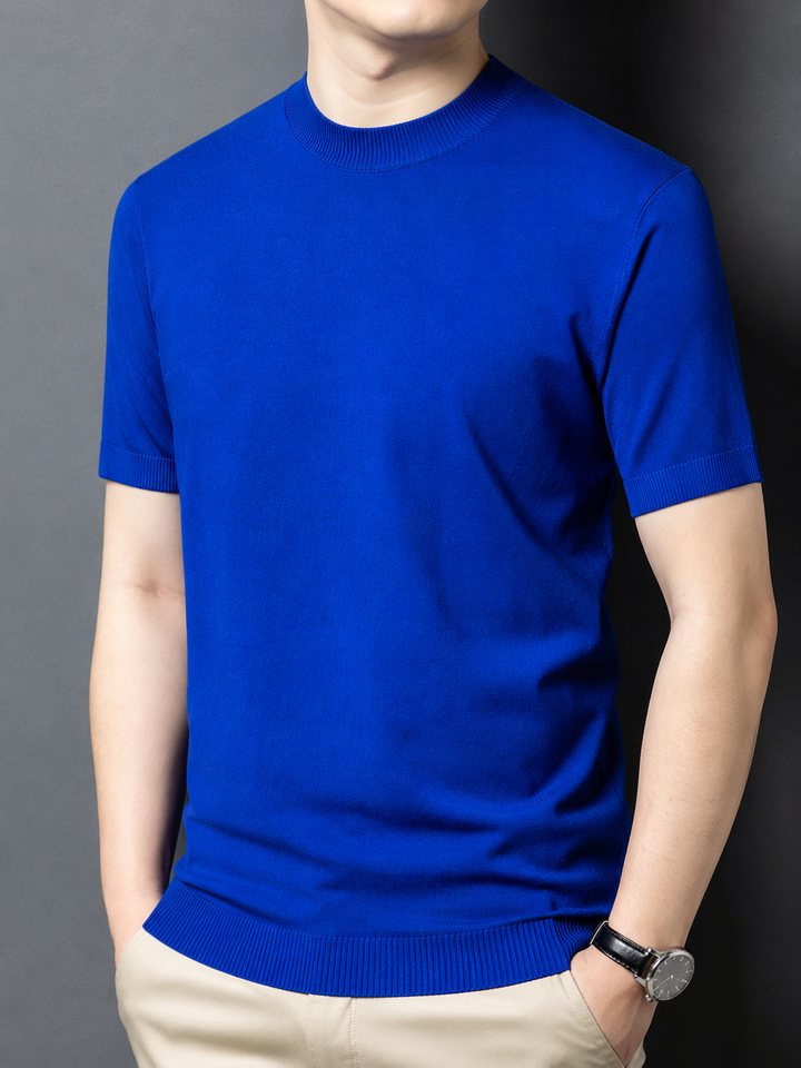 Black men's short sleeve mock neck t-shirt, sleek slim fit, for everyday style.