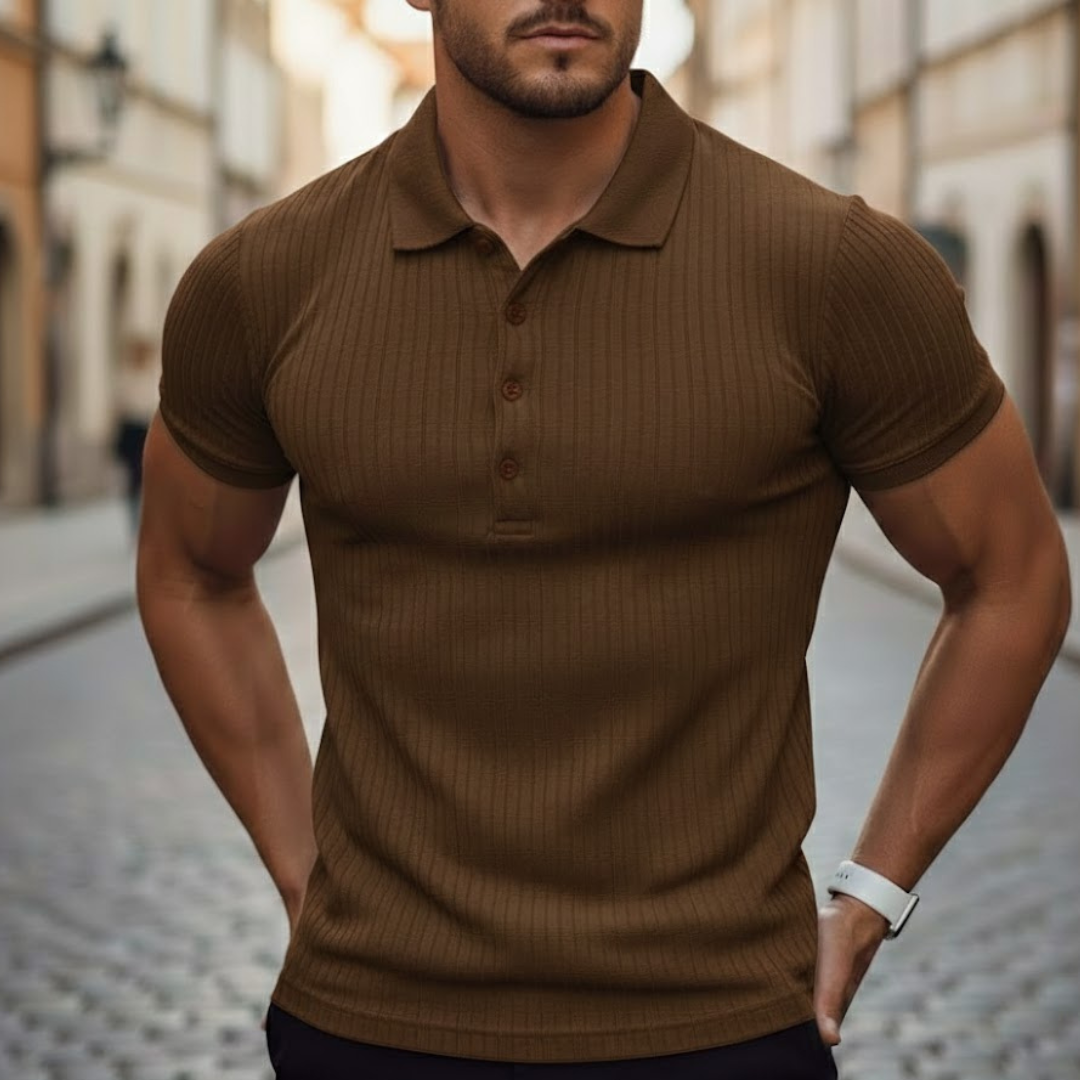 Slim fit men's short sleeve polo. Everyday comfort, athletic style, perfect for summer casual wear.
