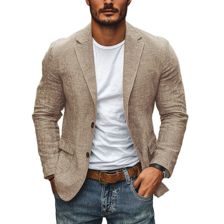 Lightweight men's single-breasted slim fit blazer, perfect for summer business casual or wedding attire.