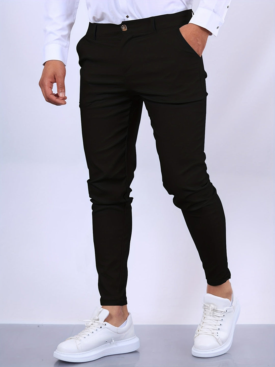 Stylish men's slim fit stretch chino trousers, offering comfort and a modern silhouette.