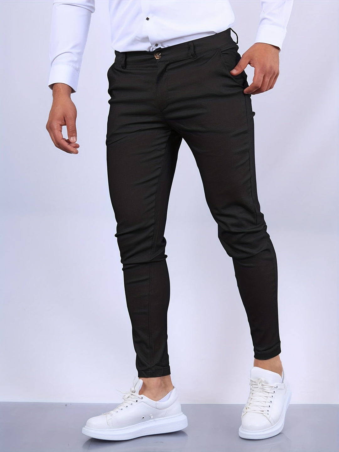 Smart casual men's stretch chino trousers in a slim fit, ideal for office wear.