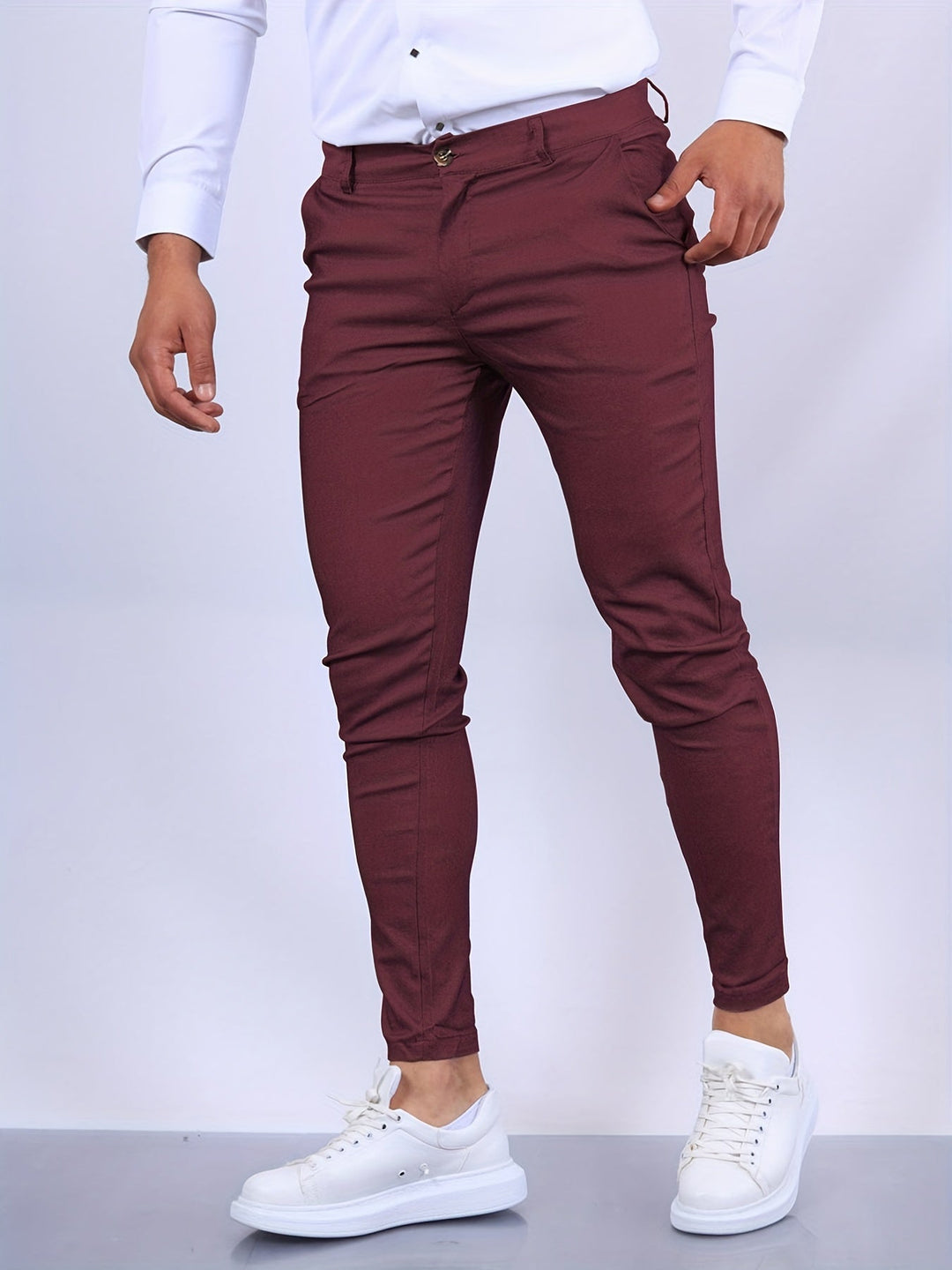Men's stretch slim fit chino trousers, combining comfort, style, and versatility.