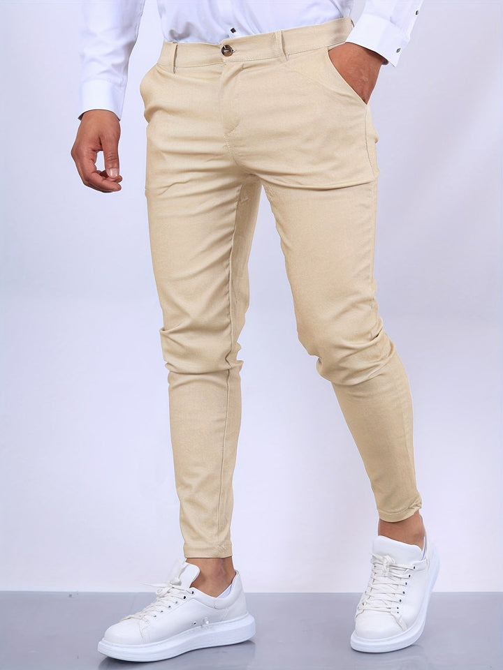 Durable men's slim fit stretch chino trousers, offering comfort and a contemporary fit.