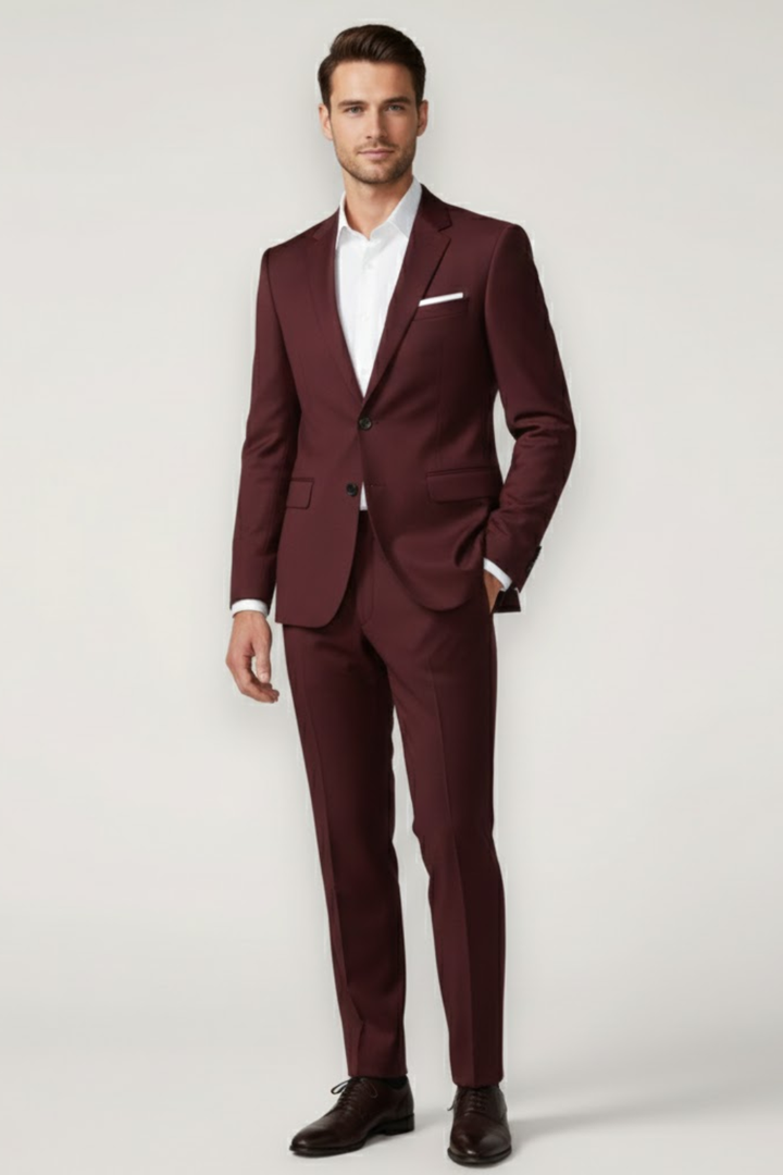 Modern men's slim fit two-piece suit set: stylish blazer & tailored trousers for business or wedding attire.