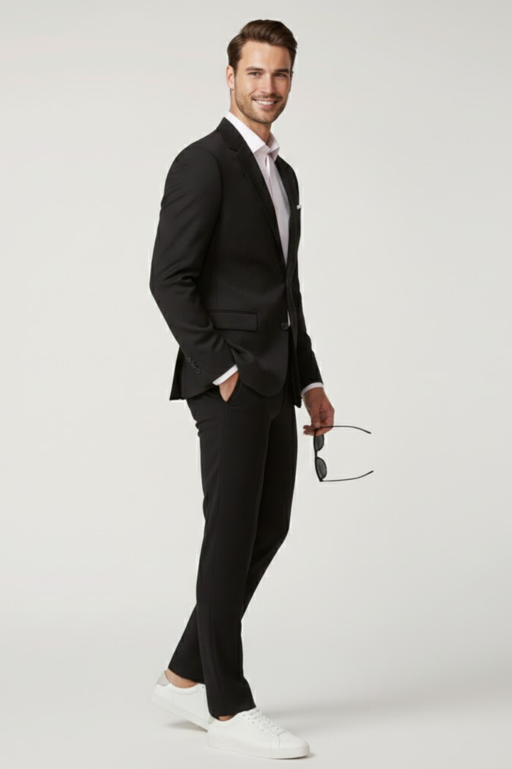 Fashionable men's slim fit suit: tailored two-piece set with a sleek blazer and trousers for modern formal occasions.