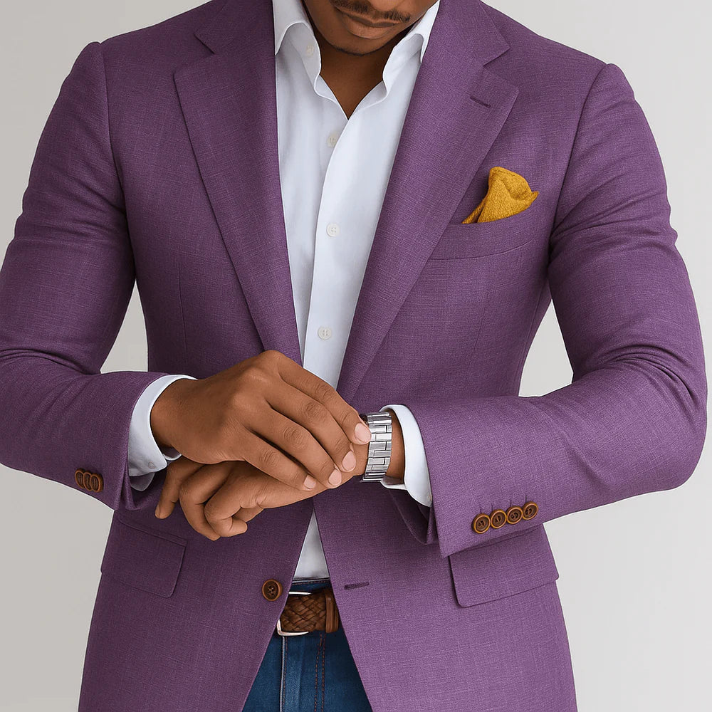 Men's slim fit tailored blazer in a sophisticated check pattern, perfect for formal or smart casual events.