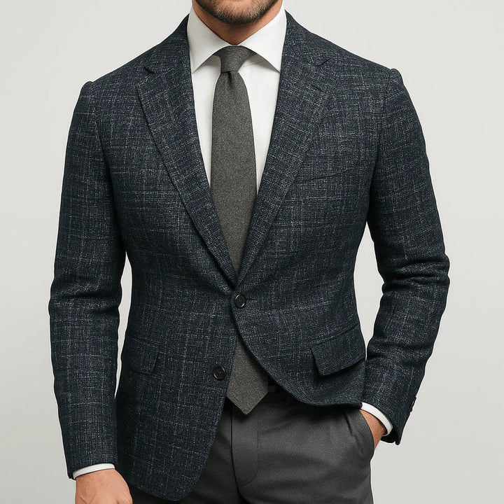 Versatile men's slim fit blazer with a modern check pattern, ideal for formal wear, smart casual fashion.