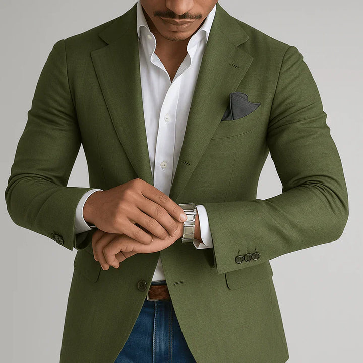 Professional men's tailored blazer, slim fit, featuring a subtle check pattern, great for office or special occasions.