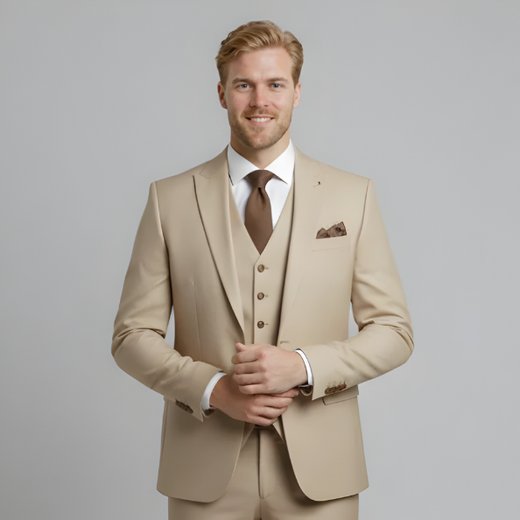 Men's slim fit three-piece formal suit. Tailored jacket, vest & trousers for wedding & event wear.