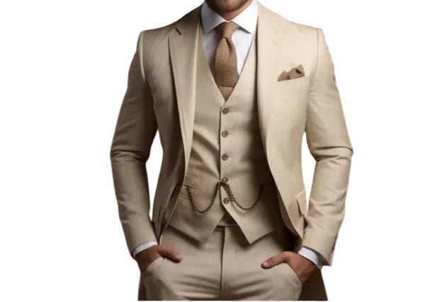 Elegant men's three-piece wedding suit in slim fit. Perfect formal event attire for groomsmen or guests.