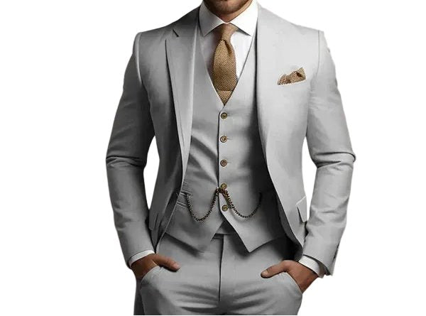 Sharp men's slim fit suit. Tailored three-piece formal outfit for modern wedding & special event fashion.