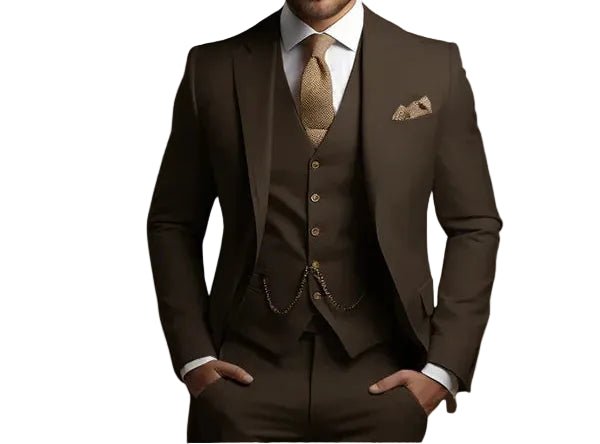 Complete men's three-piece formal suit set. Includes slim fit jacket, vest, & trousers for weddings.