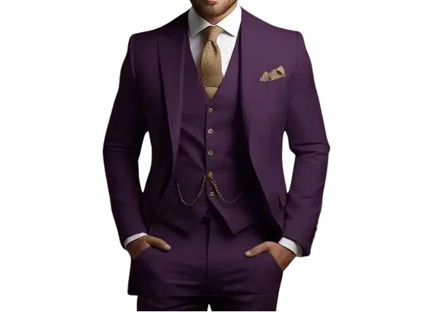 Modern men's slim fit three-piece suit in a classic color. Tailored formal wear ideal for elegant events.