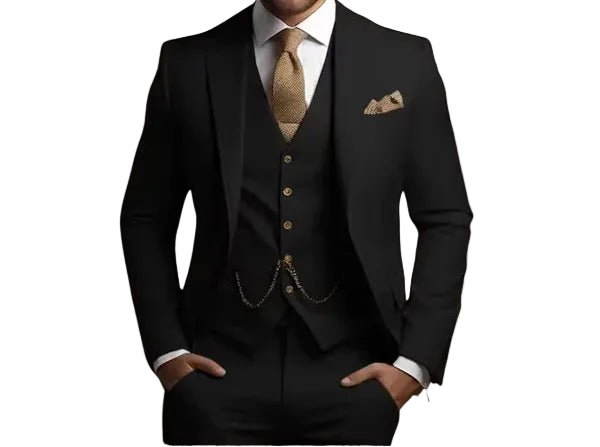Sophisticated men's three-piece formal suit. Slim fit design perfect for wedding attire & event fashion.