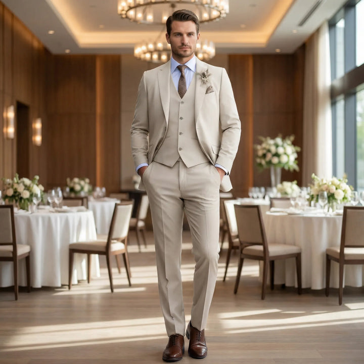 Men's slim fit three-piece suit in a sophisticated style, perfect for formal occasions, business, or weddings.