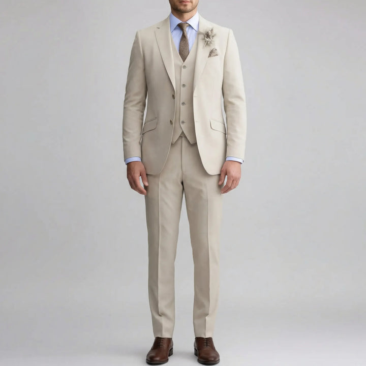 Elegant men's slim fit three-piece suit, featuring jacket, vest, and trousers. Ideal for professional business attire.