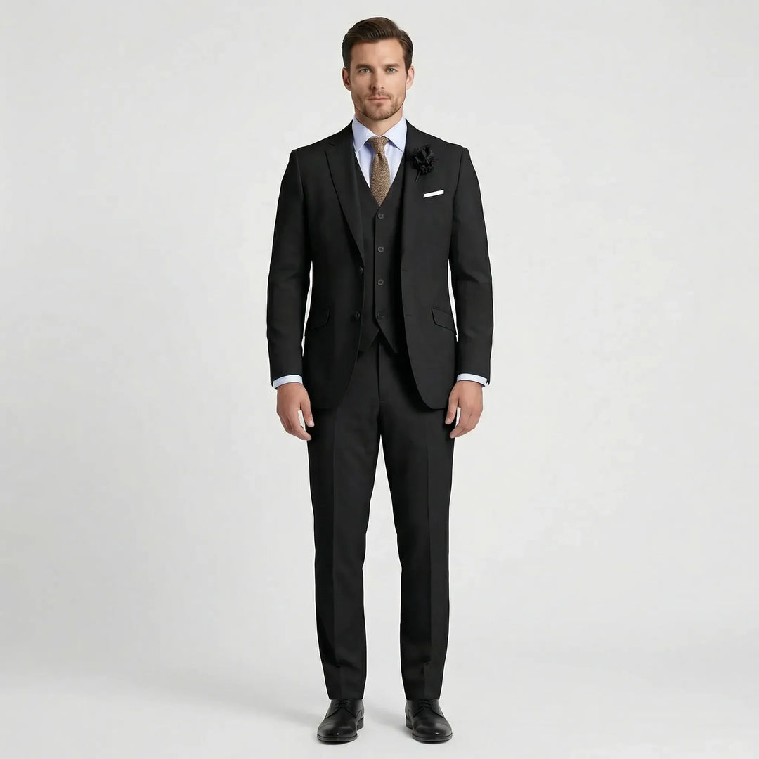Modern men's three-piece slim fit suit, versatile for business meetings, special events, and wedding guests.