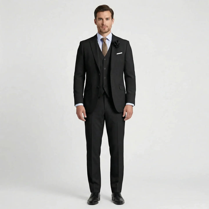 Modern men's three-piece slim fit suit, versatile for business meetings, special events, and wedding guests.