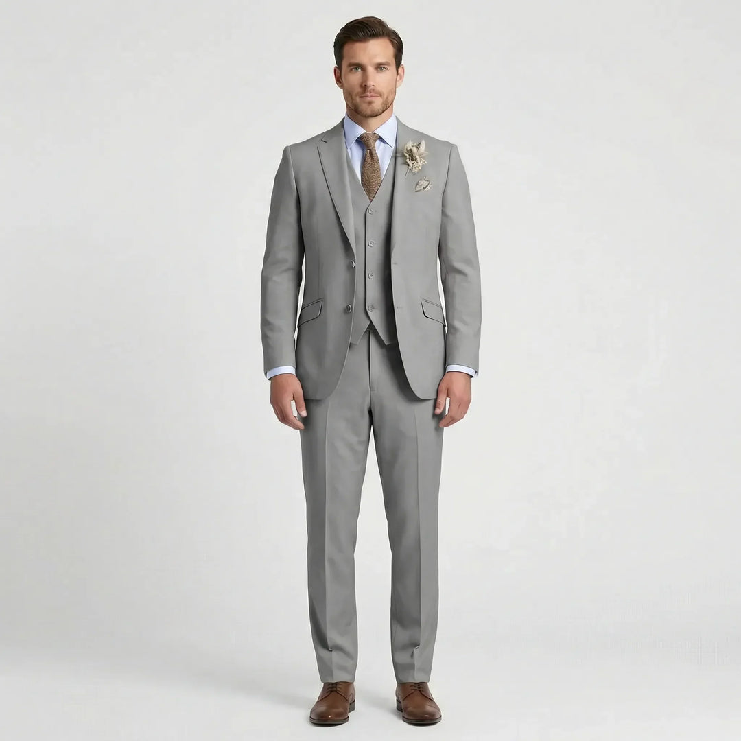 Sharp men's slim fit three-piece suit. Essential formal wear for business, weddings & elegant evening events.