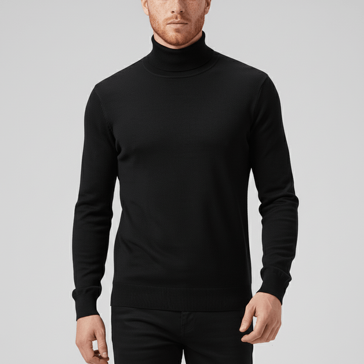 Men's slim-fit turtleneck sweater, sleek black style for modern fashion.