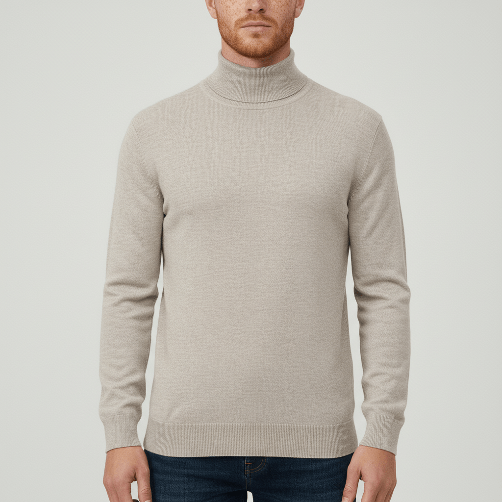 Comfortable men's slim-fit turtleneck pullover, offering sleek warmth.