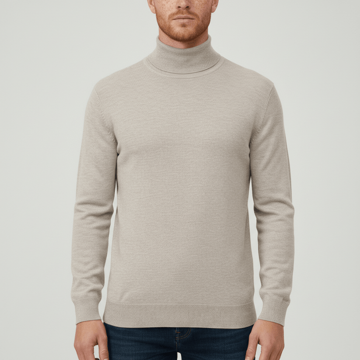 Comfortable men's slim-fit turtleneck pullover, offering sleek warmth.
