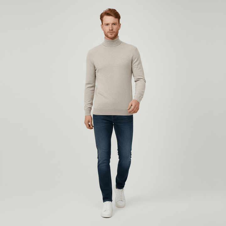 Warm men's slim-fit turtleneck sweater for winter layering & cozy style.