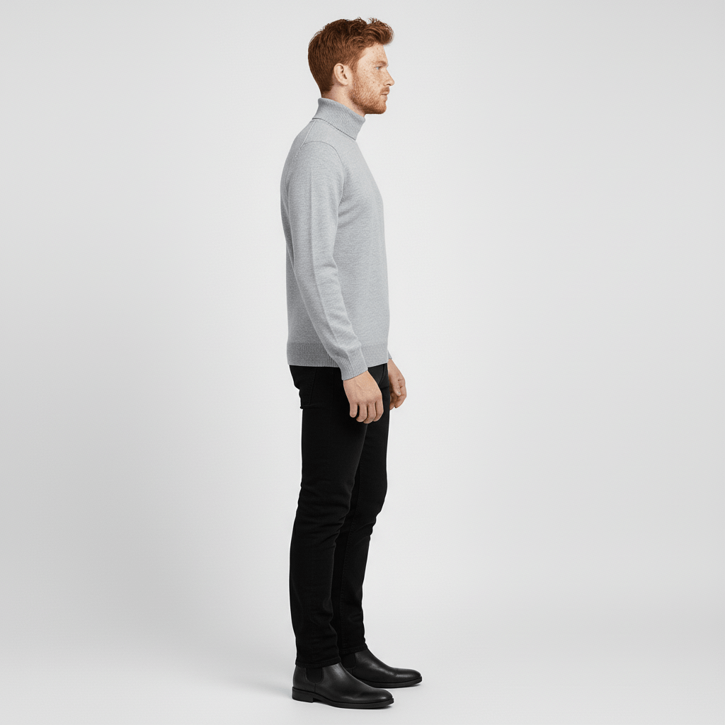 Sleek men's slim-fit turtleneck pullover, a modern fashion essential.