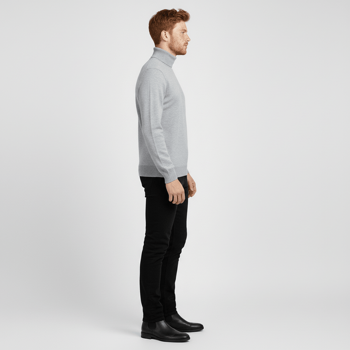 Sleek men's slim-fit turtleneck pullover, a modern fashion essential.
