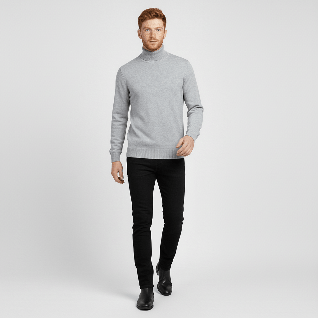 Classic men's slim-fit turtleneck sweater, timeless and warm for winter.