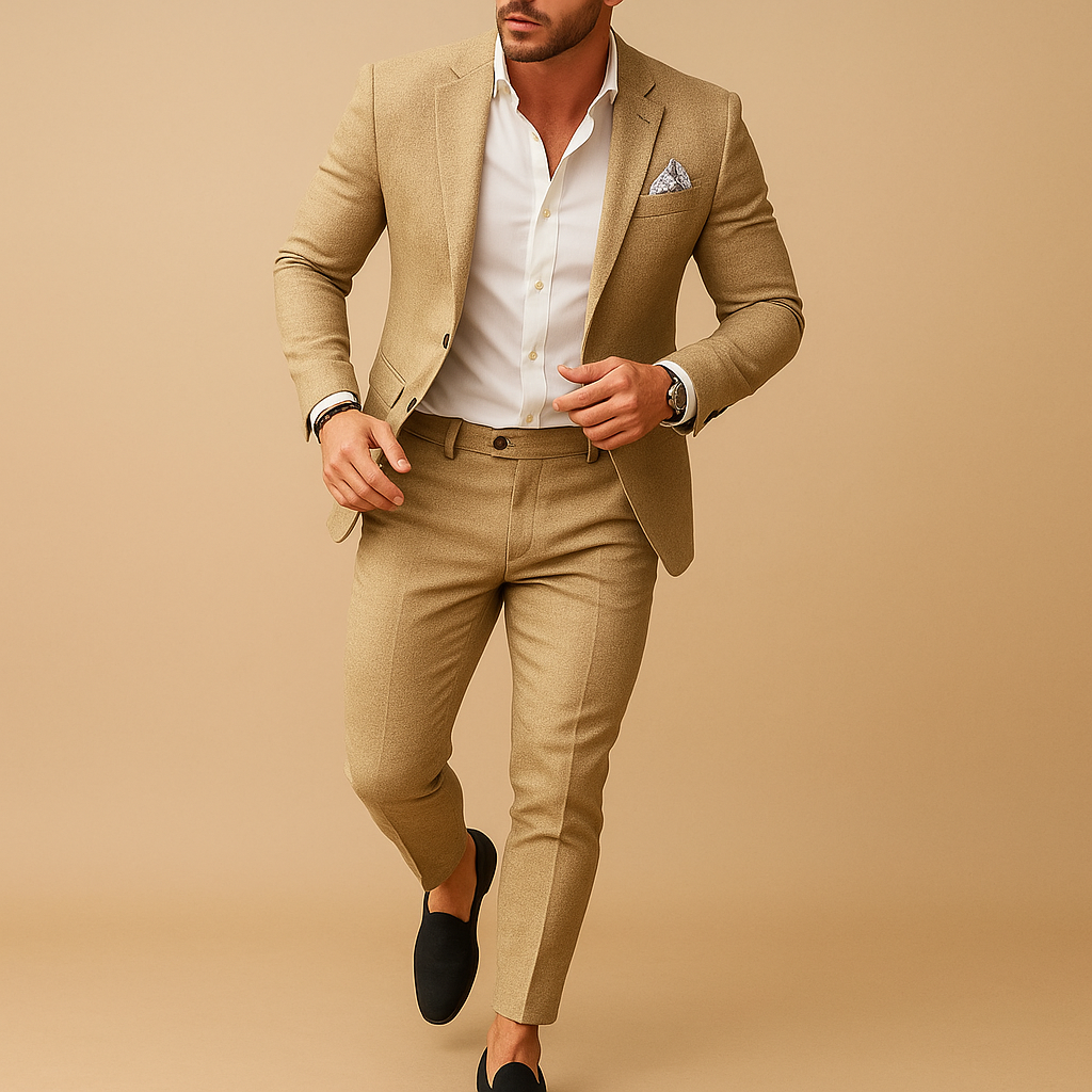 Elegant men's slim fit suit, ideal for weddings, parties, or sophisticated formal wear. Includes tailored blazer & trousers.